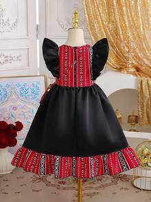 Gaun Pengantin Tradisional Musim Panas Hitam Motif Geometris untuk Anak Perempuan, Lengan Bergelombang, Resleting Belakang, Pakaian Pesta Arab dengan Tas Tangan Bermotif - Hitam - View 2