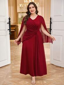 Reflora 大码女式纯色斗篷袖褶皱设计优雅连衣裙 - 紅色 - 查看 9