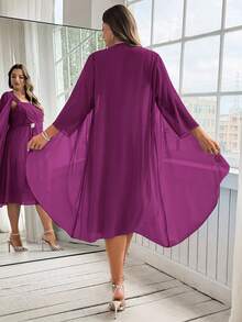 Ellevyn Plus Size Solid Color Camisole Wrap Dress And Jacket Elegant Suit - Red Violet - View 2