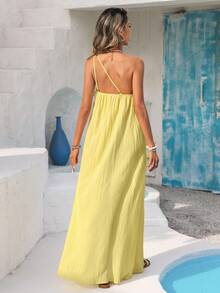 Vivid Eden 女士夏季度假纯色无袖纹理连衣裙 - 淡黃色 - 查看 2