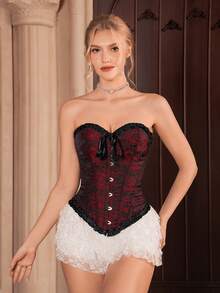 Myrelith 1pc Women Floral Jacquard Frill Trim Front Tie Fitted Camisole Top - Multicolor - View 1