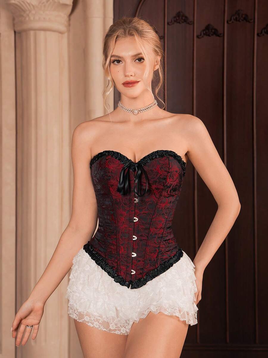 Myrelith 1pc Women Floral Jacquard Frill Trim Front Tie Fitted Camisole Top - Multicolor - View 1