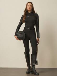 With My Calm 女士休闲百搭黑色隐形拉链网眼灰色条纹修身长袖马术夹克 - 黑色 - 查看 5