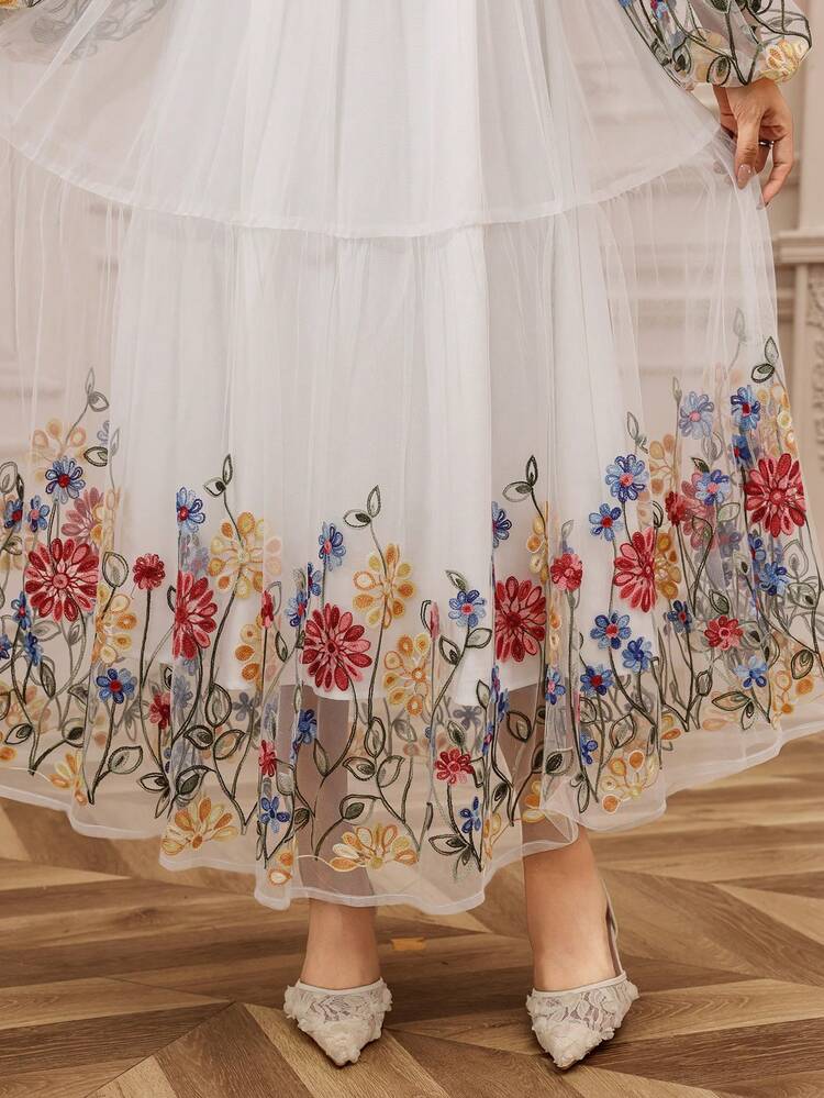 Spring & Summer Floral Print Embroidered Chiffon Dress, Elegant Slim Fit Casual Beach Vacation Dress, Suitable For Wedding, Commute, White Easter Dress Sundress