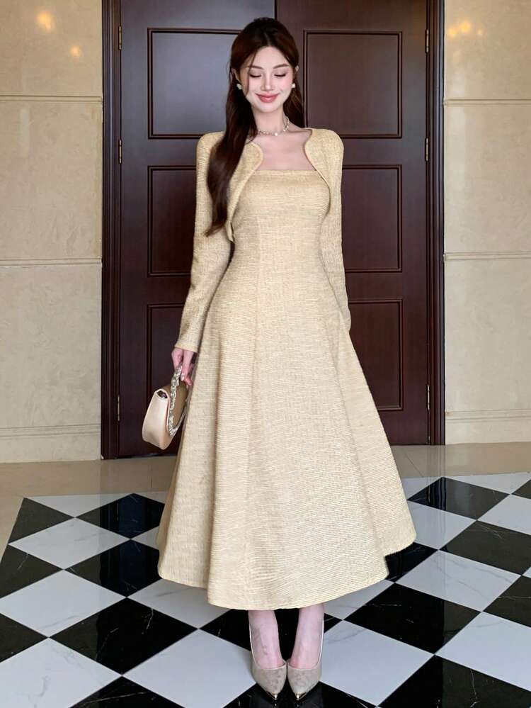 2pcs/Set Women Spring Shawl Collar Patchwork Cropped Top And Spaghetti Strap Dress, Elegant For Valentine's Day, Wedding, Party, Formal Occasion