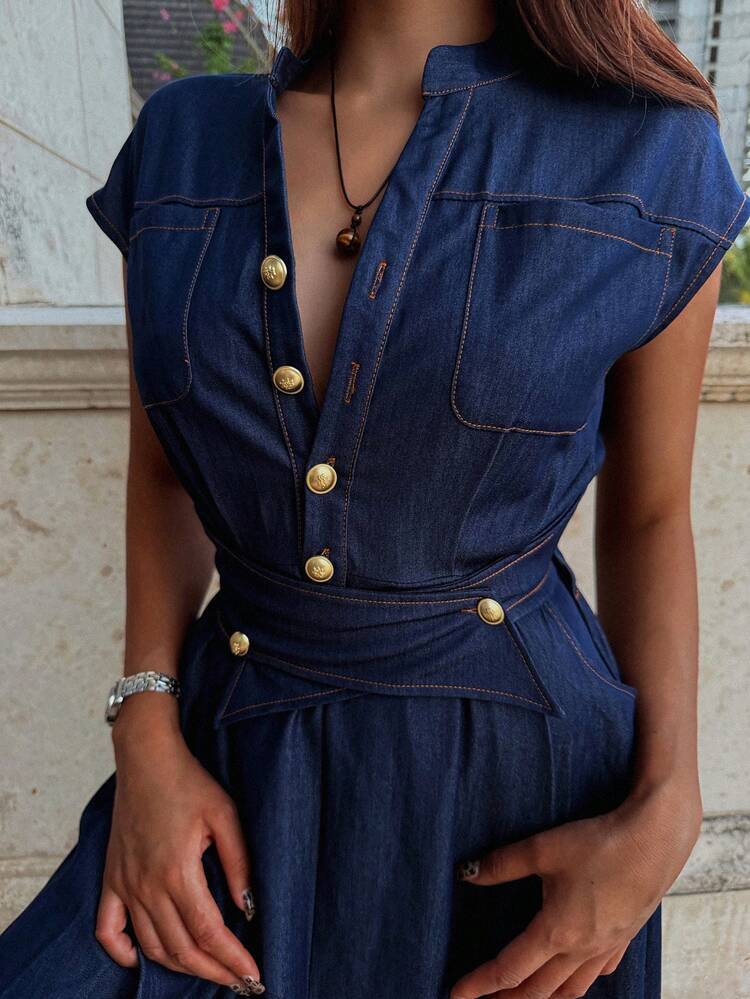 Vintage Elegant Waist Cinching Midi Dress With Flared Skirt, Chic & Youthful Summer Sundress