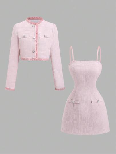 Sweetra 女士新款优雅粗花呢背带连衣裙搭配流苏下摆短款外套两件套，适合工作和通勤，春/秋/冬季穿着。