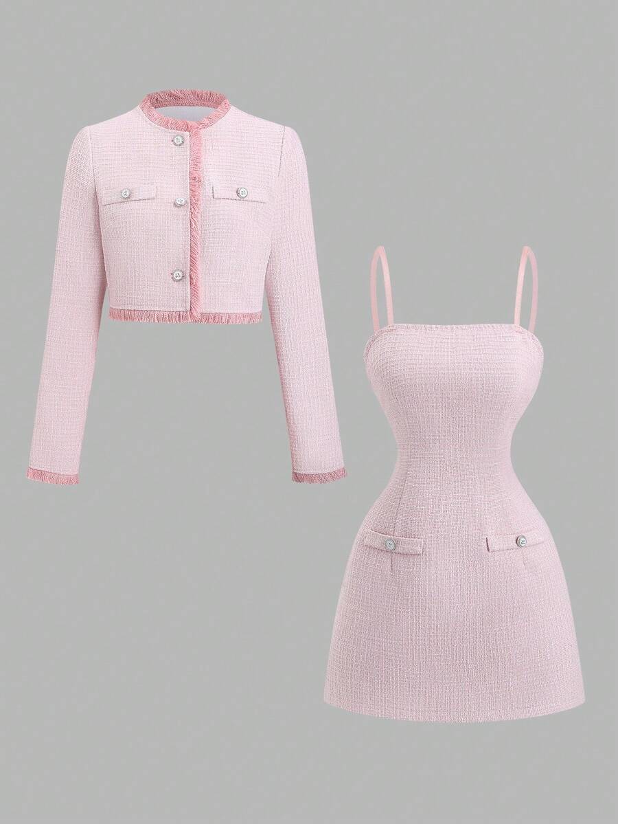 Sweetra Women's New Elegant Tweed Pinafore Dress And Fringe Hem Cropped Jacket Two Pieces Suit, Suitable For Work And Commute, Spring/Autumn/Winter - Pink - View 1