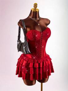 Amplova Women's Strapless Sequin Mini Dress With Waist Cutout, Sexy And Suitable For Valentine's Day, New Year Date Night - Cherry Red - View 1