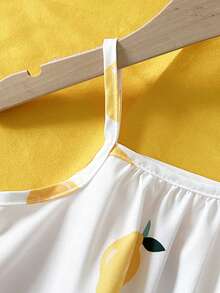 SHEIN Playful Pals Young Girl' Summer Woven Digital Print Dress With Ruffle Hem Spaghetti Strap Off Shoulder Lightweight Mid-Length Dress, Suitable For Daily Wear, Outings, Travel, Vacation, And Gatherings In Summer - Yellow - View 6