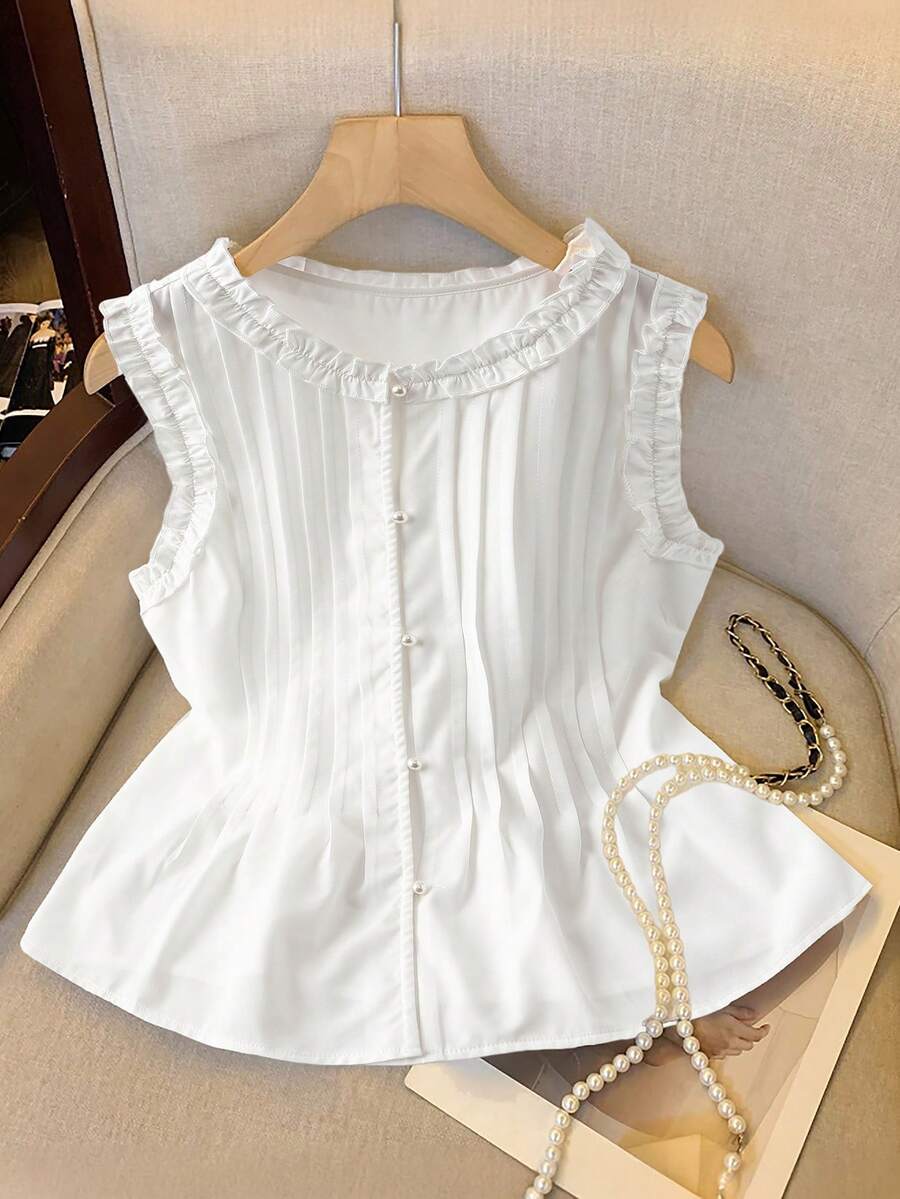 GlowEve Summer New Sweet Ruffled Collar Blouse Women, Korean Style Loose Pleated Sleeveless Tank Top, Slimming Elegant - White - View 1