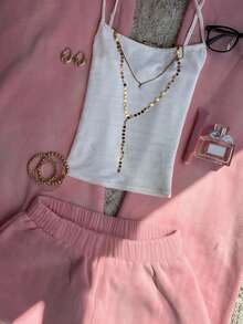 SHEIN 一套女士修身白色吊带背心和粉色阔腿运动裤 - 彩色 - 查看 5