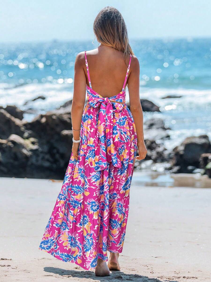 Sylviya 女士休闲度假蝴蝶结露背印花连衣裙 春季女装 夏季长裙 夏季服装 沙滩裙 沙滩装扮 碎花连衣裙 度假装扮 女士沙滩装扮 女士度假连衣裙 - 彩色 - 查看 1