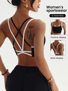 Dewbera 女士时尚交叉露背设计瑜伽运动文胸 - 黑與白 - 查看 1