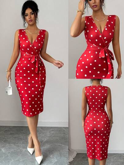 Elenzga Elegant Polka Dot Print Ruffle Tie Waist Mid-Length Dress, Casual Daily, Party, Vacation Wear, Suitable For Valentine's Day, Wedding, Fashion Red Dress