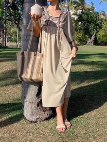 DAZY Women's Elegant Patchwork Tie-Up Ruffle Sleeve Dress, Spring/Summer Sundress Boho Vacation Outfits Women - Apricot - View 5