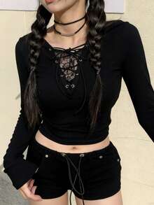FRIFUL Women's Casual Solid Color Lace Patchwork Criss-Cross Tie T-Shirt, Autumn Long Sleeve - Black - View 2