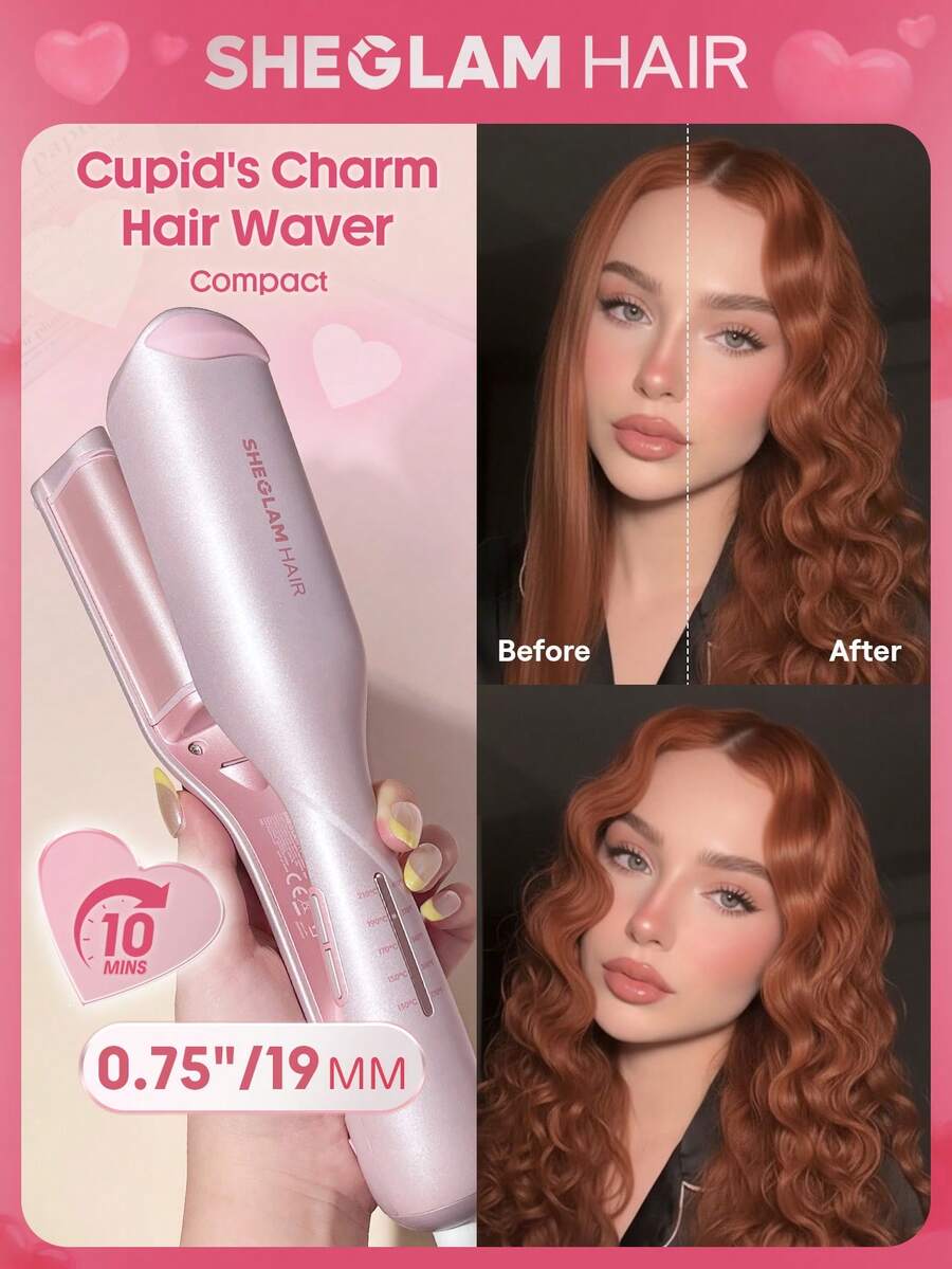 SHEGLAM HAIR 丘比特魅力沙灘寶貝捲髮棒 - 19mm 美規插頭，離子捲髮器，雙管捲髮棒，防燙設計，5000萬離子，10分鐘快速捲髮，智能定時器和可調節溫度，女士易用美髮工具