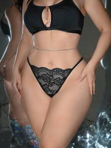 MidnightGlam 大码性感透视星链蕾丝丁字裤 - 黑色 - 查看 2