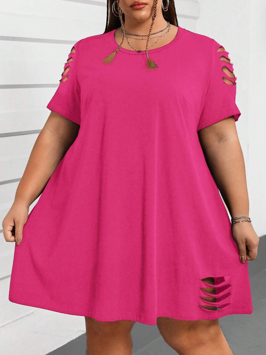 SHEIN CURVE+ Plus Size Round Neck Short Sleeve A-Line Distressed Basic Loose Knit T-Shirt Dress Plus Size T Shirt Dress Women Plus Size Dress Pink Plus Size Dress