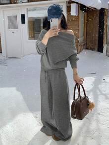 DAZY 女士露肩休闲纯色卫衣和宽松运动裤两件套家居服套装 - 灰色 - 查看 5