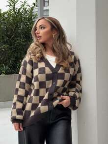 Jeta Ari 女款棋盘格图案针织开衫，长袖上衣，秋季格子服装 - 棕色 - 查看 2