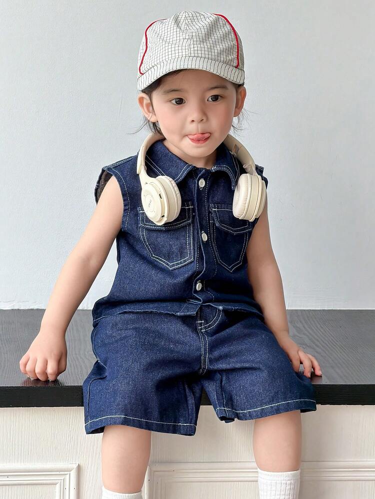 2pcs Baby Boys Denim Collared Shirt And Loose Shorts Set, Vintage Style Summer