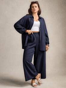 Zelara Plus Size Navy Blue Solid Button Front Long Sleeve Top And Pants 2 Pieces Set,Women's Smart Casual Autumn Vacation Outfits,Modest Abaya Beach Dress - Dark Green - View 8