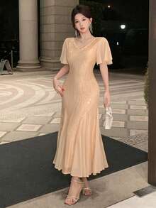 DAZY Đầm đuôi cá tay bồng đính sequin lấp lánh sang trọng dành cho nữ, đầm dự tiệc cưới mùa hè, đầm lấp lánh, đầm mùa hè. - Màu be - Xem 7