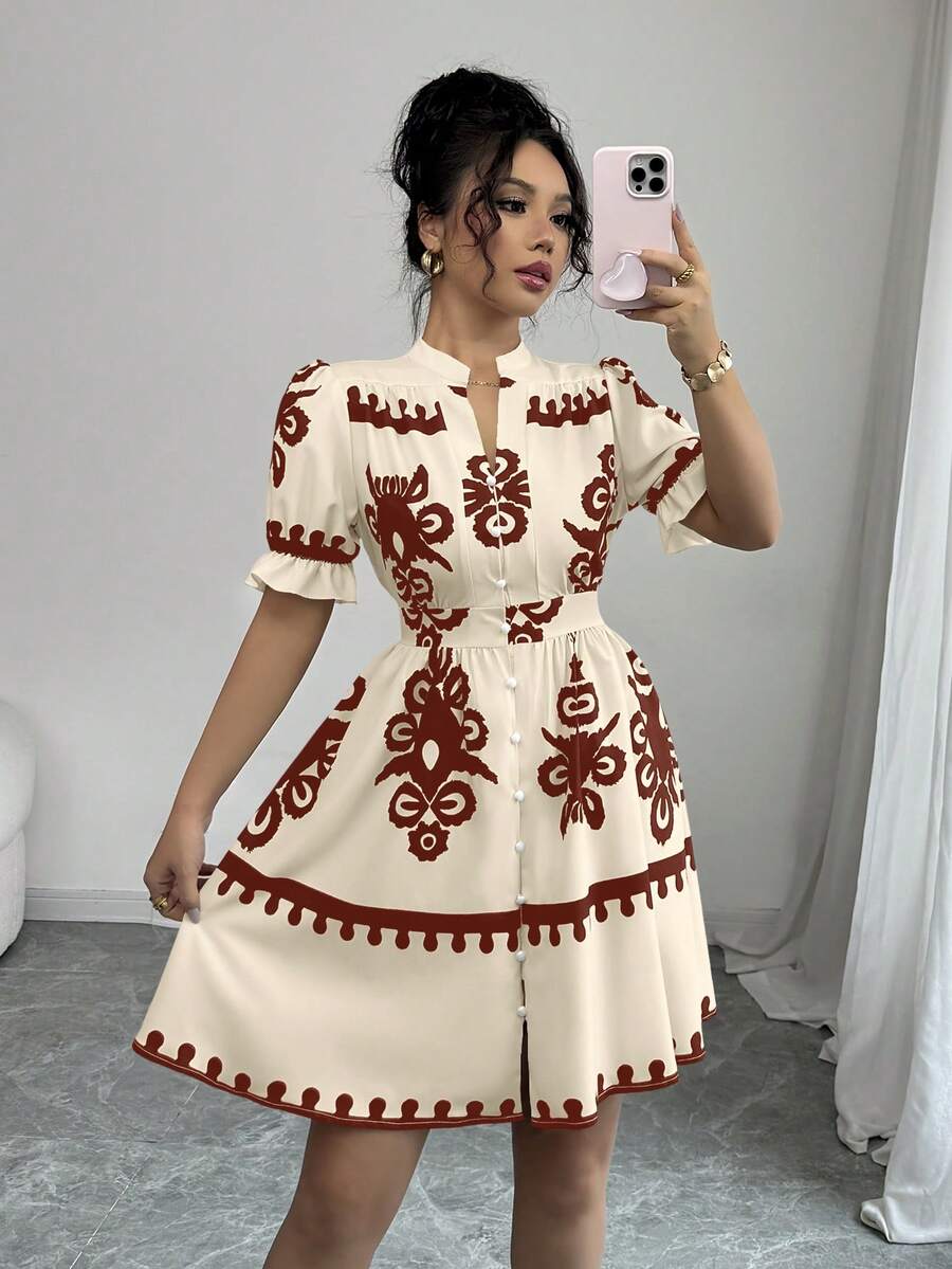 Elenzga Đầm nữ kiểu dáng thường ngày in hoa, cổ chữ V, thắt eo. - Màu Đỏ Sâu - Xem 1