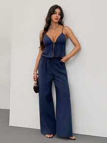 SHEIN Tall 2pcs Women Cotton Linen Camisole And Long Pants Set, Dark Blue Cotton 2 Pieces Set Spaghetti Strap Top And Palazzo Pants Womens Casual Palazzo Set - Navy Blue - View 6