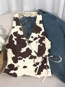 Comfortcana 女士性感西部度假风奶牛纹裹身系带露背牛仔露脐上衣夏季上衣春季女士嘉年华服装女士嘉年华服装海滩派对上衣女士度假夏季假期女士休闲上衣女士休闲牛仔露背系带露背上衣夏季休闲装 - 摩卡棕 - 查看 4