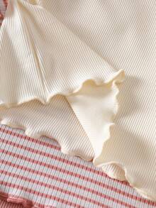 SHEIN Playful Pals 男女宝宝0-3岁复古可爱三件套，包含纯色和条纹上衣，柔软弹力休闲套装，适合男女宝宝日常穿着和度假穿着。 - 彩色 - 查看 4