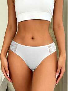 DesireSculpt 3pcs Women's Lace Trim Low Waist Seamless Comfortable Versatile Thong Panties - Multicolor - View 4