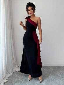 Elenzga Women's New Oblique Shoulder Contrast Color 3D Floral Ruffle Waist Mermaid Hem Elegant Maxi Dress - Red - View 5