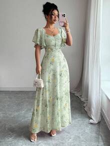 Modelyn Women's Chiffon Butterfly Print Bat Wing Pleated Hem Sweet French Style Mini Dress, Summer - Green - View 9