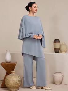 Graceveil Women's Asymmetrical Top With Button Decoration On Sleeve And Pants, Arabic Style Outfit Set