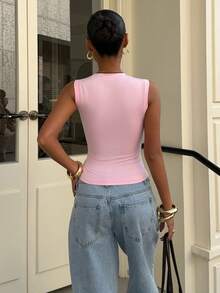 Muchica 女士夏季休闲度假时尚日常简约纯色心形镂空修身露脐背心 - 淺粉色 - 查看 2