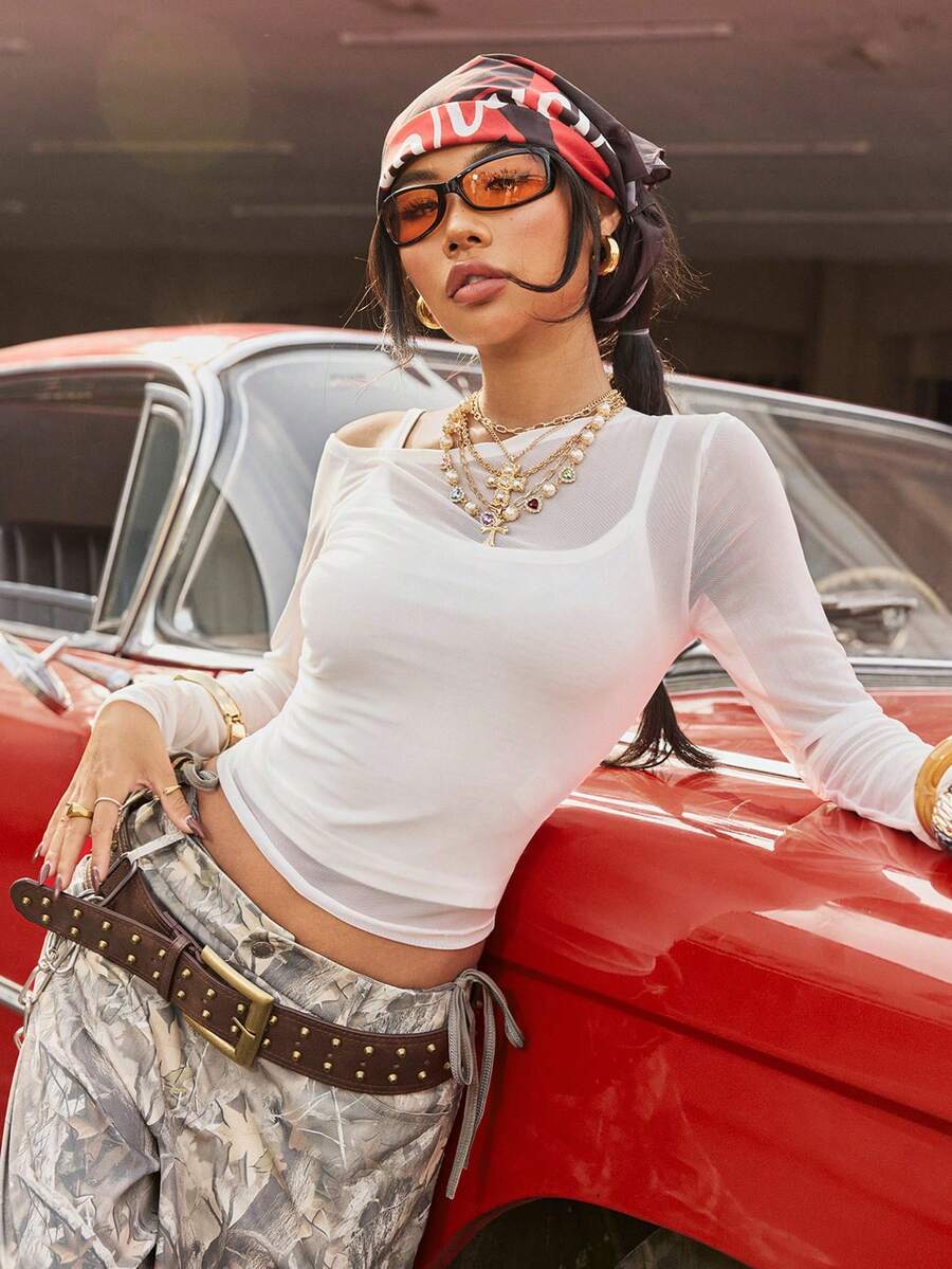 Muchica Casual Versatile White Knit Asymmetric Collar Women T-Shirt - White - View 1