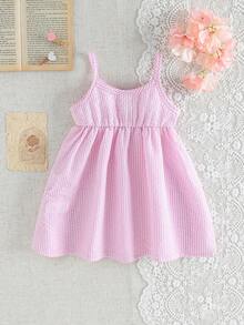 SHEIN 0-3 Years Old Baby Girl Fashionable Elegant Cute Casual Minimalist Textured Fabric Pink Striped Sleeveless Dress - Pink - View 2