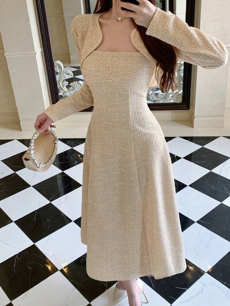 2pcs/Set Women Spring Shawl Collar Patchwork Cropped Top And Spaghetti Strap Dress, Elegant For Valentine's Day, Wedding, Party, Formal Occasion