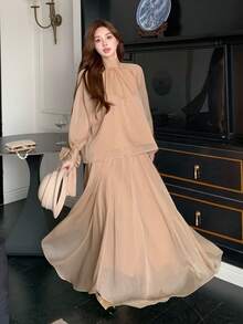 DAZY Spring & Summer Chiffon Blouse & Flared Skirt 2-Piece Set, Elegant Tie-Up Design, Suitable For Casual, Vacation, Beach, Wedding, Valentine's Day - Champagne - View 4