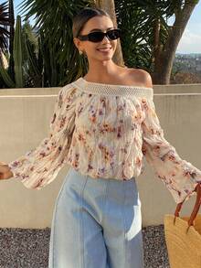 Livesso Spring & Summer Ditsy Floral Chiffon Off-Shoulder Blouse, Lace Patchwork Long Sleeve Casual Beach Vacation Shirt For Women - Beige - View 2