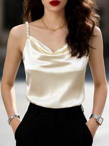 Franclia Women's Elegant Fashion Minimalist Versatile Pearl Chain Draped Neck Satin Tank Top, Spring/Summer - Apricot - View 3