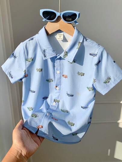 SHEIN 1pc Young Boys Casual Comfortable Stylish Simple Versatile Soft Cool Street Cartoon Car Cute Pattern Comfortable Short Sleeve Shirt, Suitable For Spring/Summer