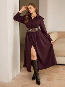 Roveilla Plus Size Women's Burgundy Autumn Elegant Formal Solid Color Open Front Button Down Waist Pleated A-Line Long Sleeve Midi Dress,French Retro Style - Maroon - View 6