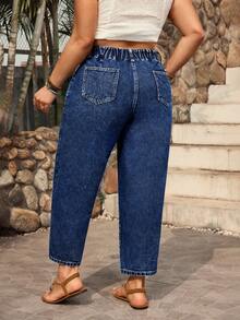 SHEIN CURVE+ Quần jean denim không co giãn, kiểu dáng thường ngày, dành cho nữ cỡ lớn. - Rửa tối - Xem 2