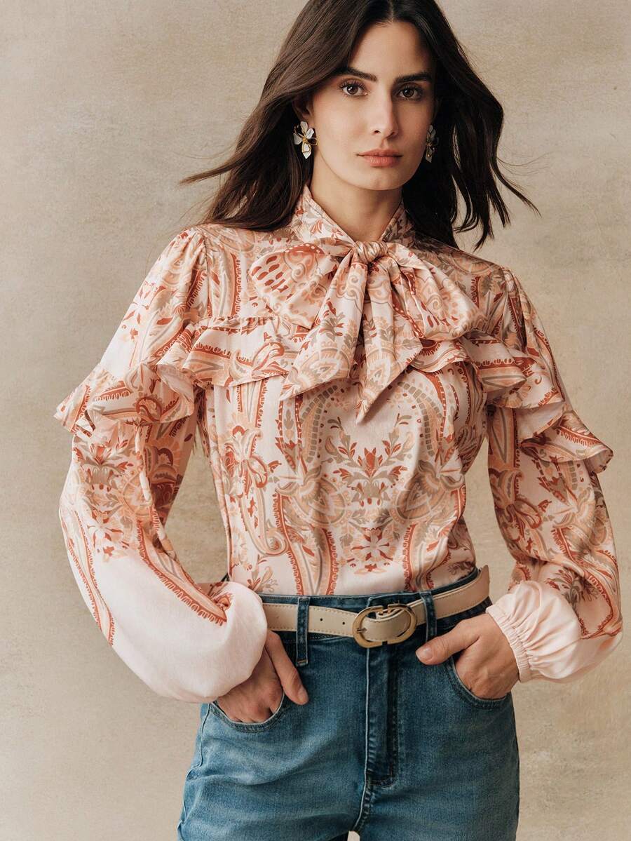 Anewsta 新款印花长袖女式衬衫，优雅精致的荷叶边袖口，适合情人节、节日、春夏穿着。 - 藕粉色 - 查看 1