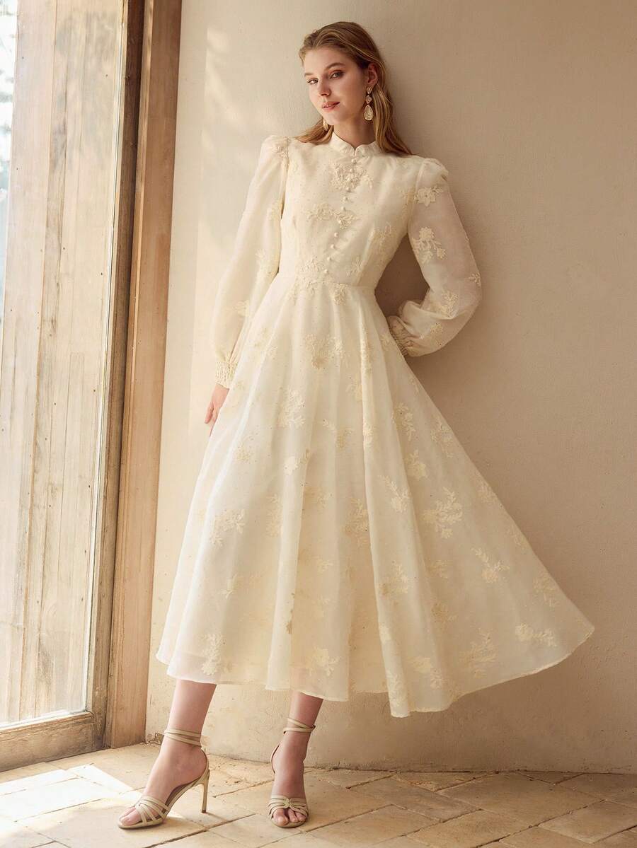 MOTF PREMIUM WOMEN'S ELEGANT FLORAL EMBROIDERED DRESS - Apricot - View 1