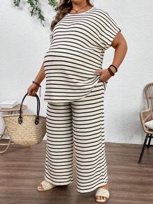 SHEIN 2pcs Maternity Plus Size Striped Round Neck Batwing Sleeve T-Shirt And Wide Leg Pants Casual Set Maternity 2 Piece Set Two Piece Set Women Plus Size Curve Two Piece Set - Apricot - View 4